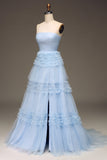 Tulle Light Blue Tiered Formal Dress with Slit