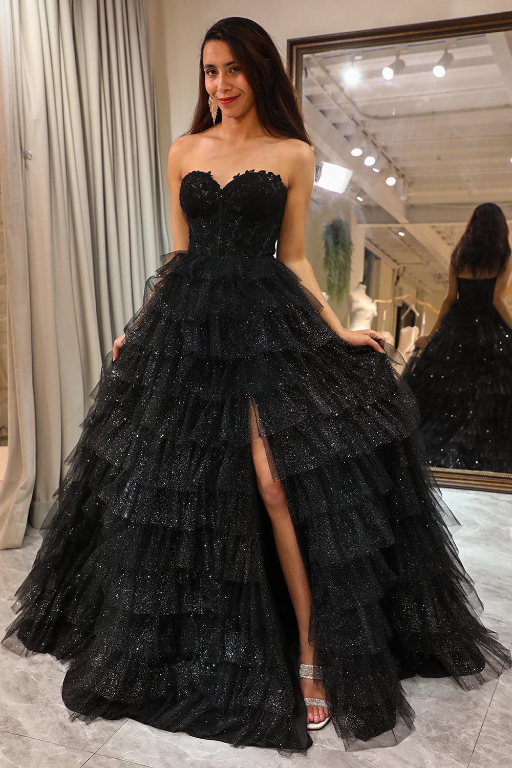 ZAPAKA Women Black Corset Long Formal Dress with Slit Trendy Tiered A Line Sweetheart Evening Dress with Ruffles