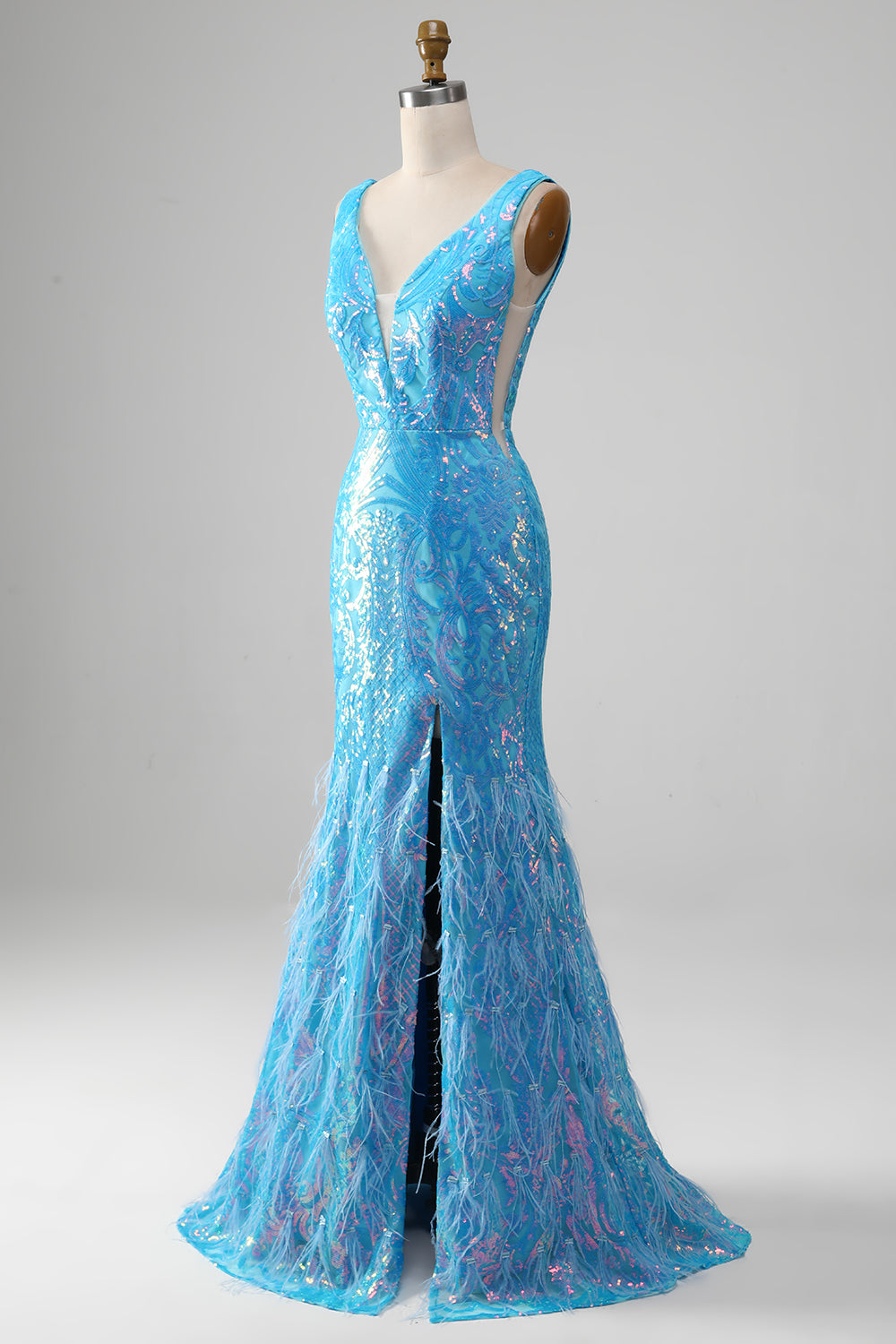 Sparkly Blue Mermaid V-Neck Long Formal Dress With Slit