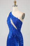 One Shoulder Royal Blue Mermaid Formal Dress with Slit