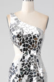 Silver Mirror Sequins One Shoulder Formal Dress with Hollow-out