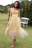 Champagne Square Neck A-Line Corset Long Formal Dress with Embroidery