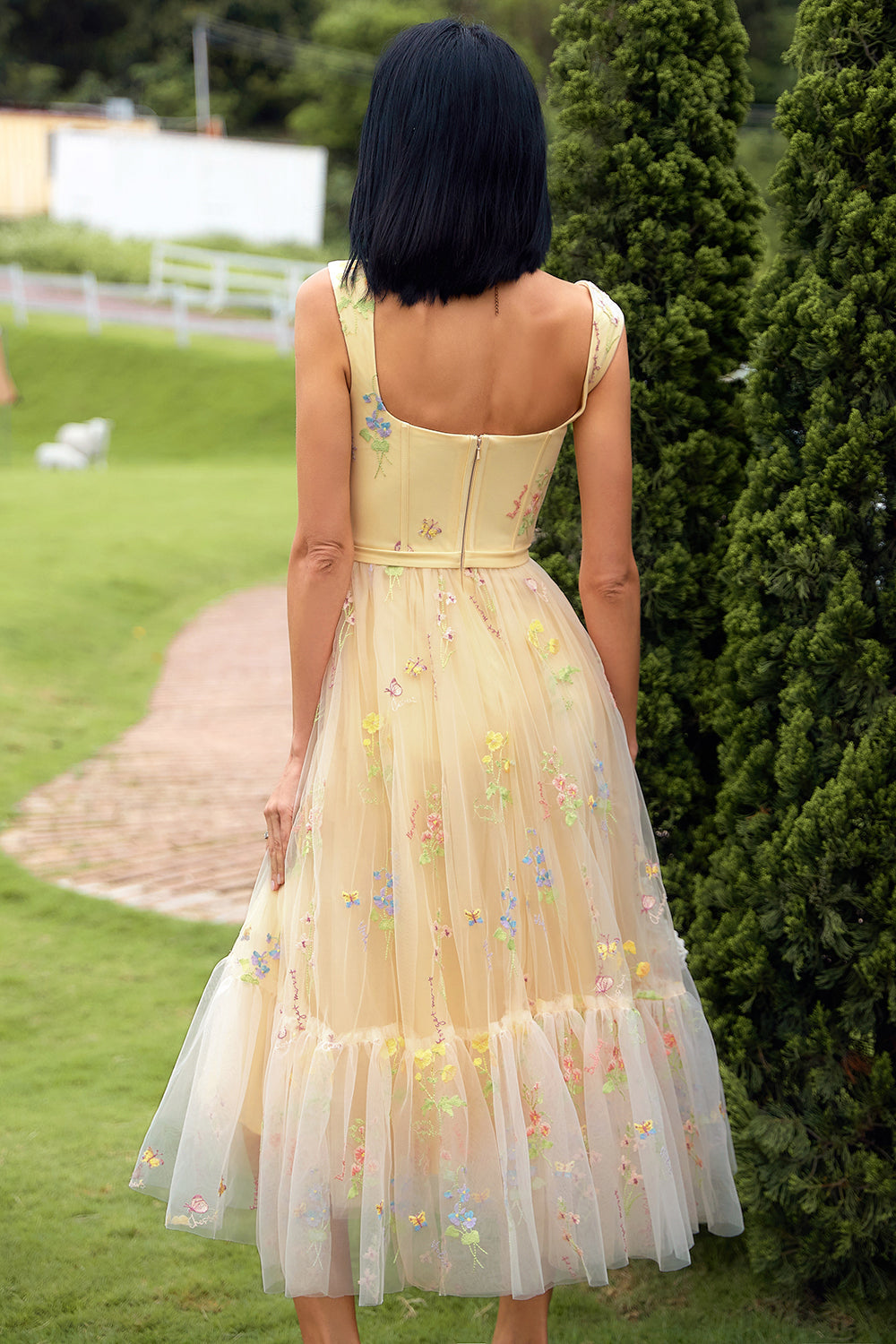 Champagne Square Neck A-Line Corset Long Formal Dress with Embroidery