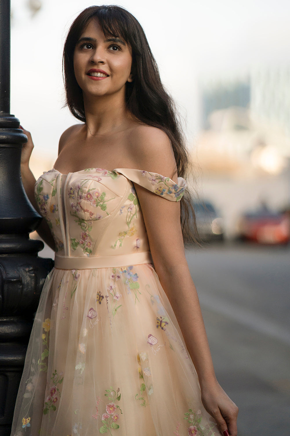 Champagne A Line Sweetheart  Long Formal Dresses with Embroidery