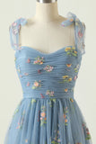 Grey Blue Long Formal Dress With Embroidery