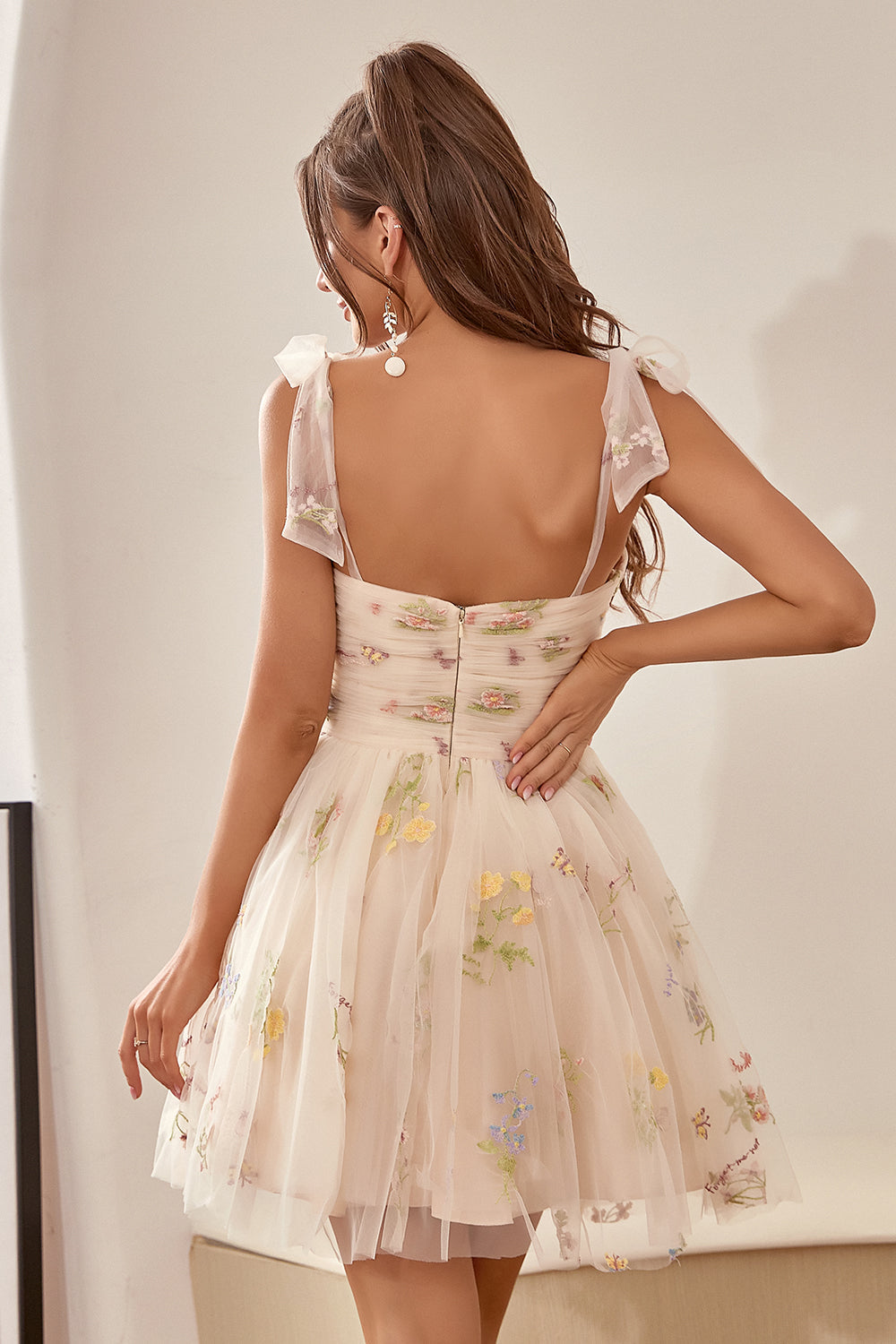 Cute A Line Spaghetti Straps Champagne Cocktail Dress with Embroidery