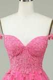 Cute A Line Spaghetti Straps Pink Short Formal Dress with Appliques