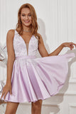 Purple Beading Satin Short Formal Dress with Appliques