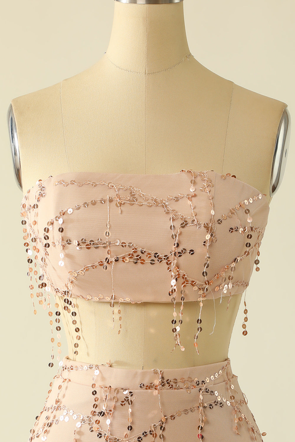 Two Piece Sequins Strapless Pink Short Formal Dress