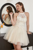 Champagne Beaded Halter Tulle Short Formal Dress