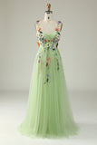 Green Spaghetti Straps Formal Dress With 3D Flowers