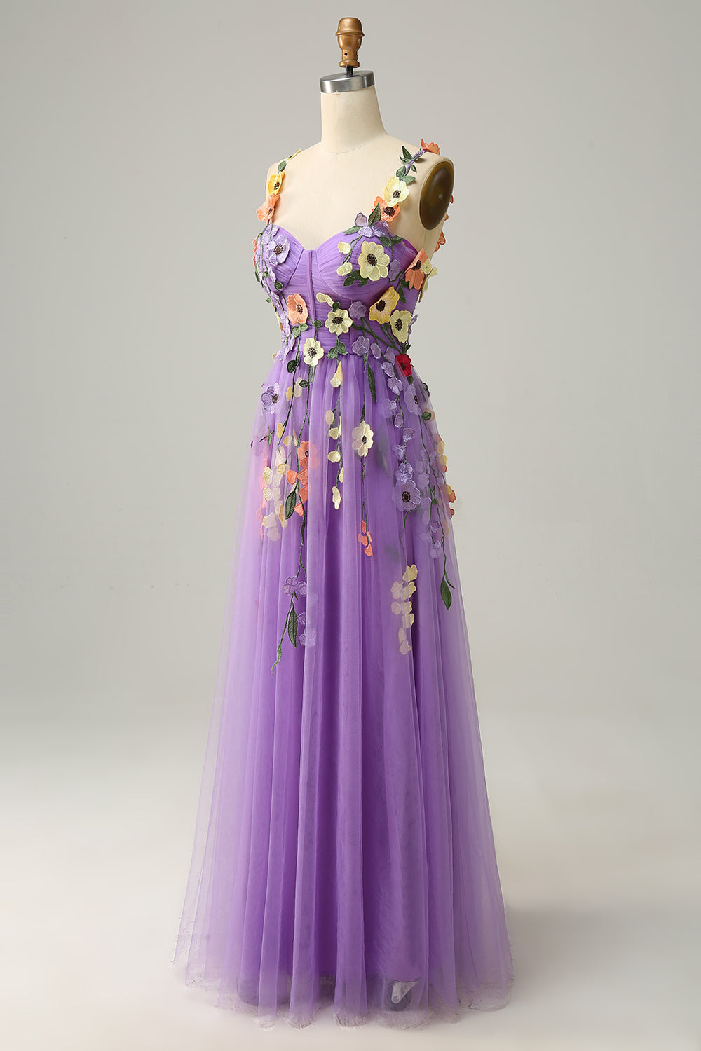 A Line Purple Spaghetti Straps Formal Dress With 3D Flowers