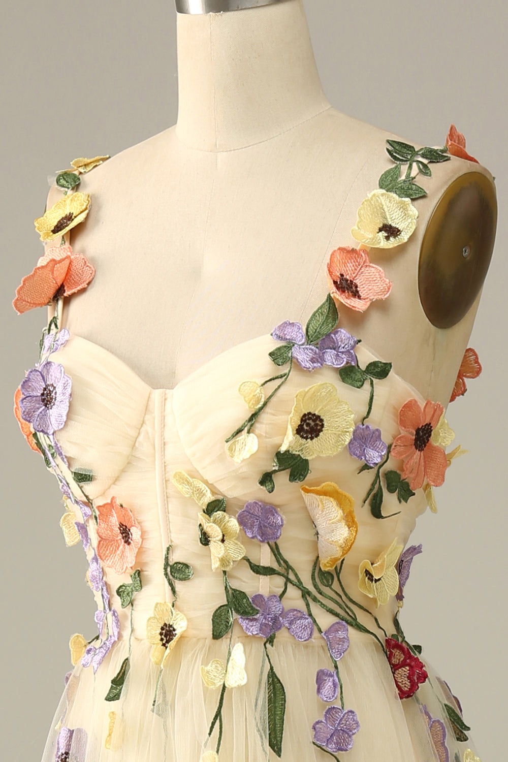 Champagne Spaghetti Straps Formal Dress With 3D Flowers