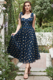 Navy Stars A-Line Tea-Length Formal Dress With Bowknots