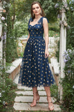 Navy Stars A-Line Tea-Length Formal Dress With Bowknots
