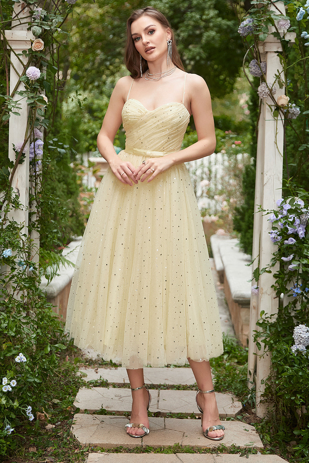 Yellow Spaghetti Straps Tea Length Formal Dress
