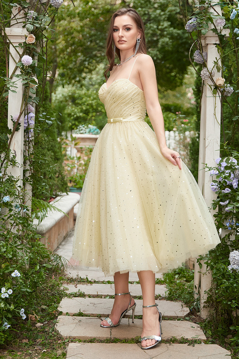 Yellow Spaghetti Straps Tea Length Formal Dress