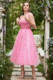 Pink Tulle A-Line Midi Formal Dress with Hearts