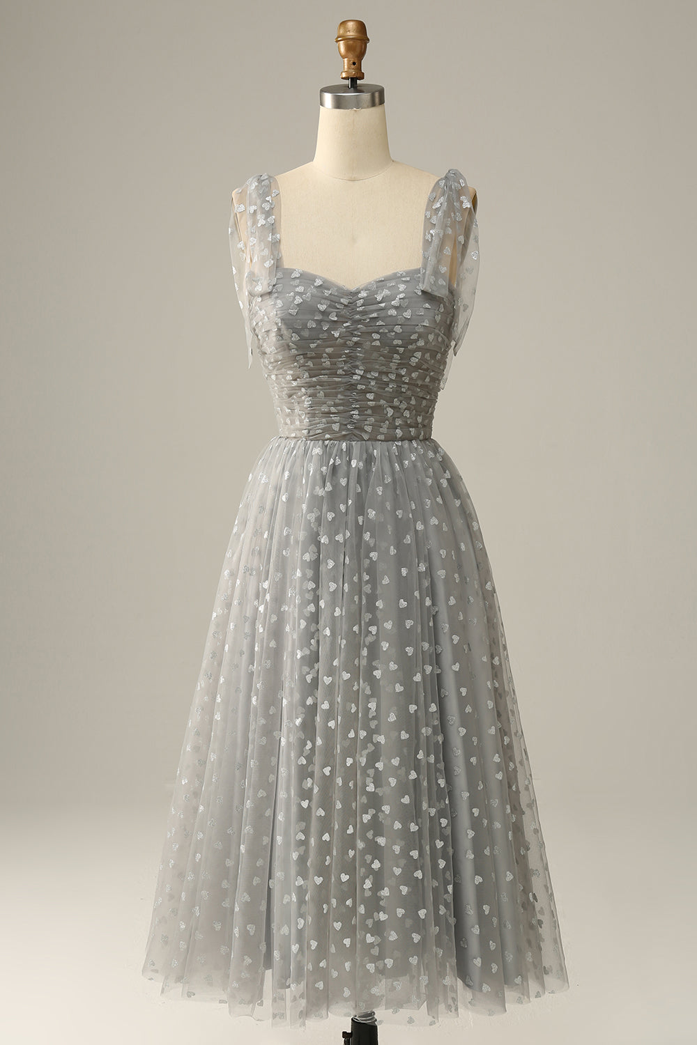 Grey Spaghetti Straps Tea-Length Formal Dress With Bowknots