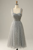 Grey Spaghetti Straps Tea-Length Formal Dress With Bowknots