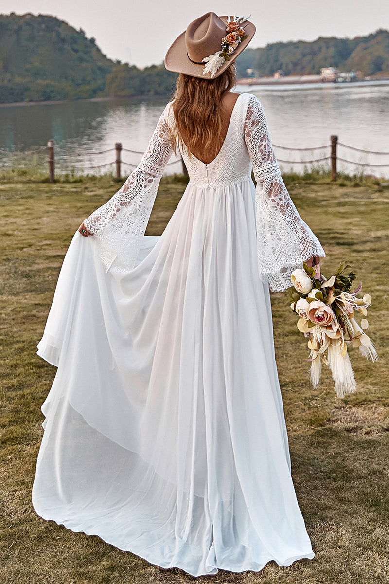 Zapaka Women Boho Wedding Dress Ivory Lace Chiffon Trumpet Sleeve