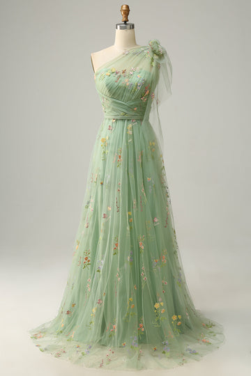 A-Line One Shoulder Green Long Formal Dress With Embroidery