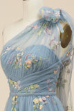 A-Line Grey Blue Long Formal Dress With Embroidery