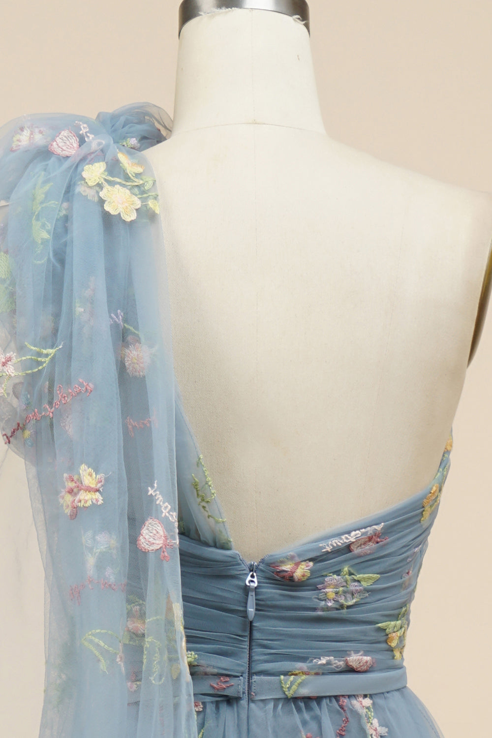 A-Line Grey Blue Long Formal Dress With Embroidery
