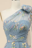 A-Line Grey Blue Long Formal Dress With Embroidery