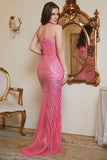 Fuchsia Sequin One Shoulder Sparkly Long Formal Dress with Slit