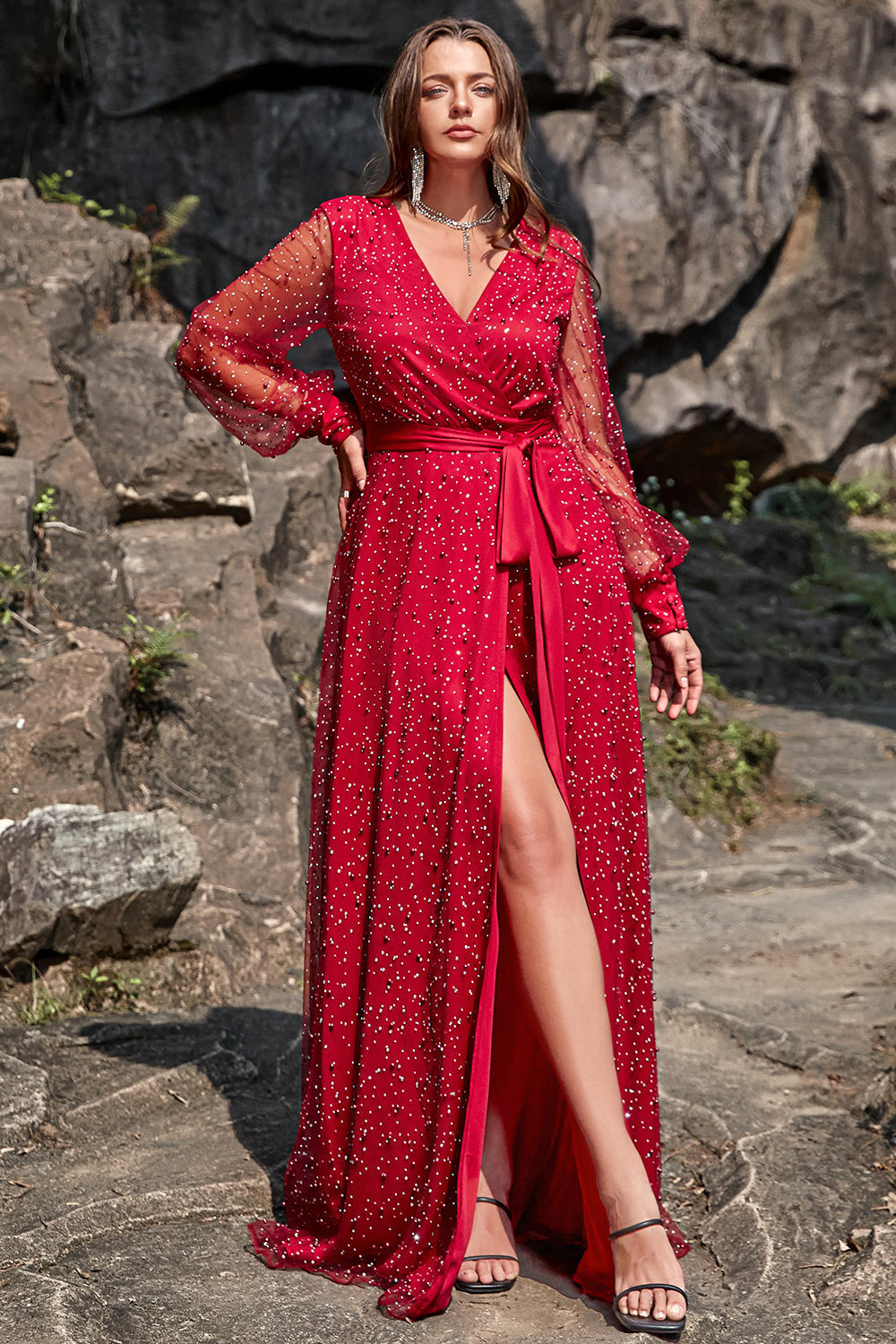 A Line V Neck Dark Red Plus Size Formal Dress with Split Front