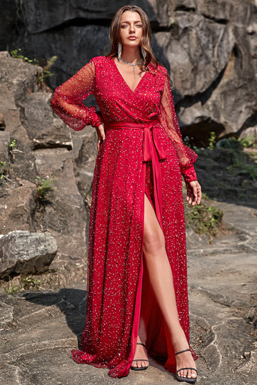 A Line V Neck Dark Red Plus Size Formal Dress with Split Front