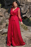 A Line V Neck Dark Red Plus Size Formal Dress with Split Front