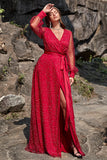 A Line V Neck Dark Red Plus Size Formal Dress with Split Front