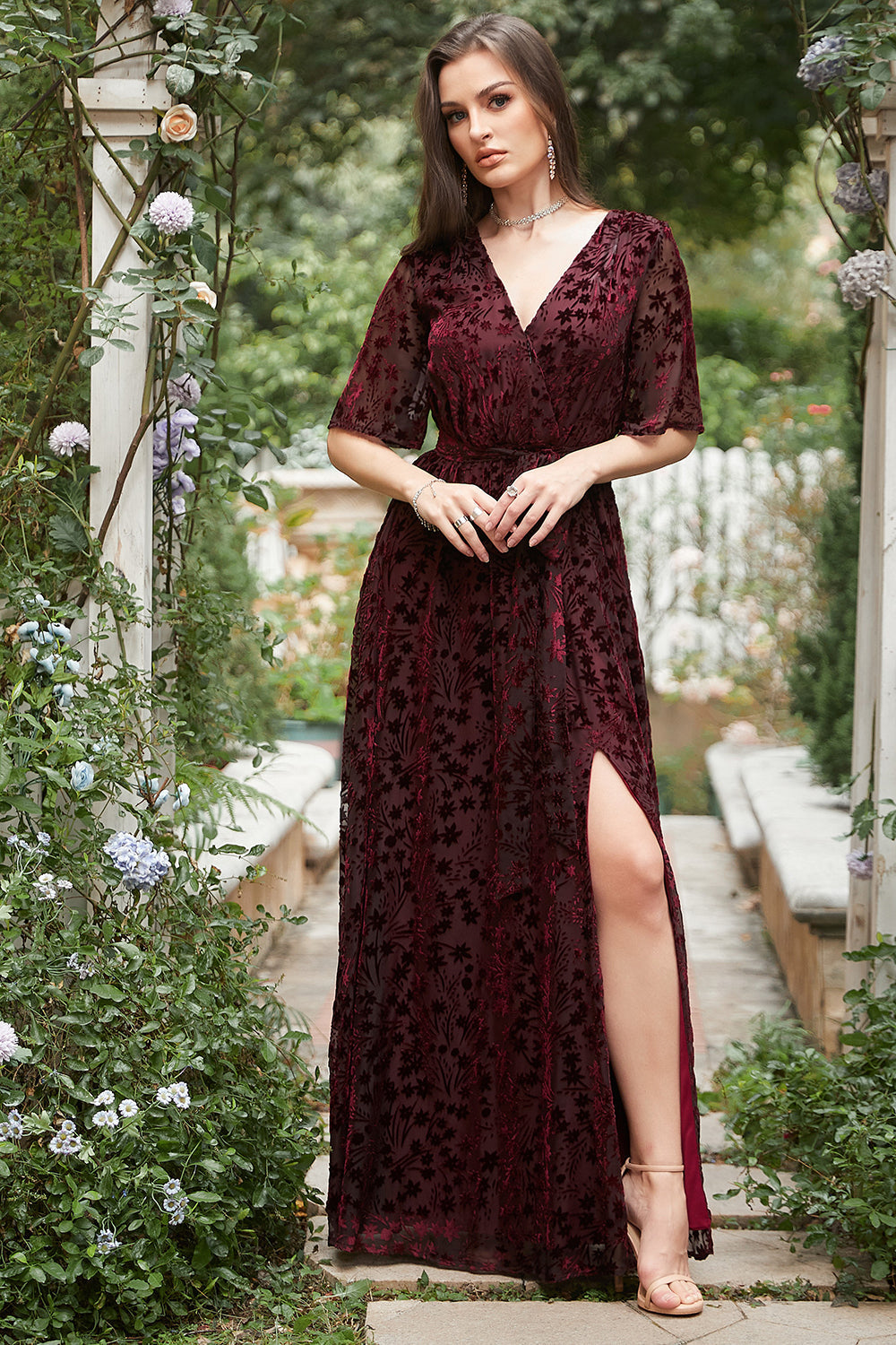 A Line V Neck Rust Long Velvet Bridesmaid Dress with Split Front