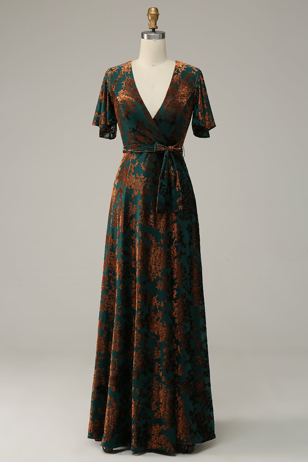 ZAPAKA Women Burnout Velvet Dark Green Long Mother of Bride Dress V-Neck A Line Wedding Guest Dress with Short Sleeves
