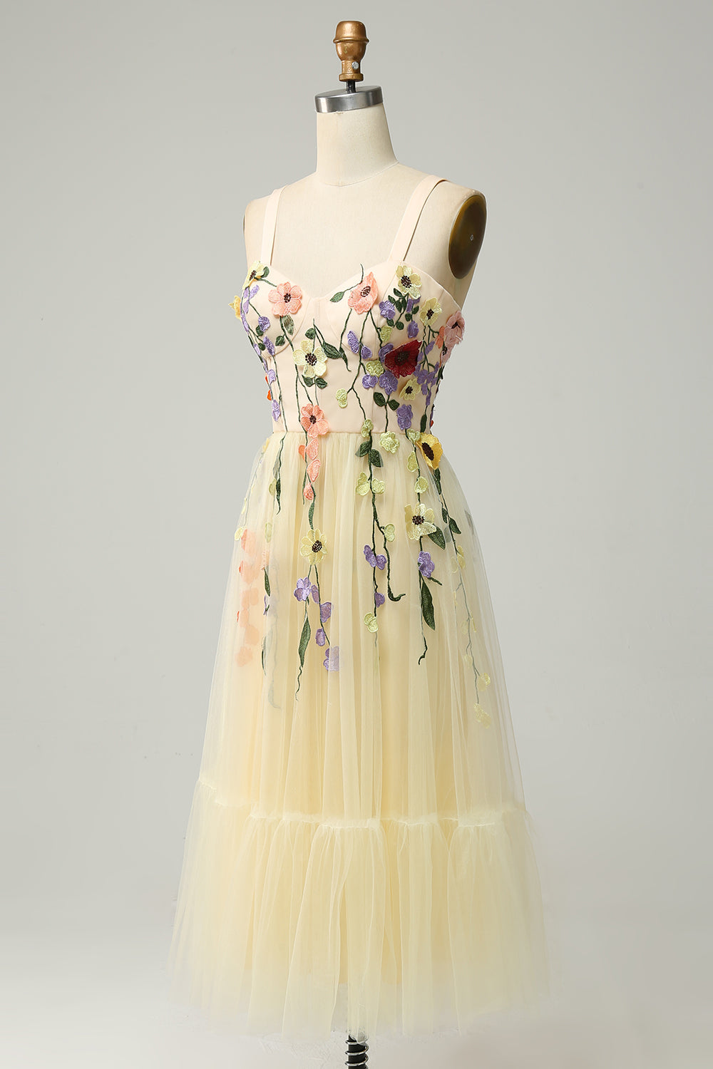 A Line Spaghetti Straps Champagne Tea Length Formal Dress with Appliques