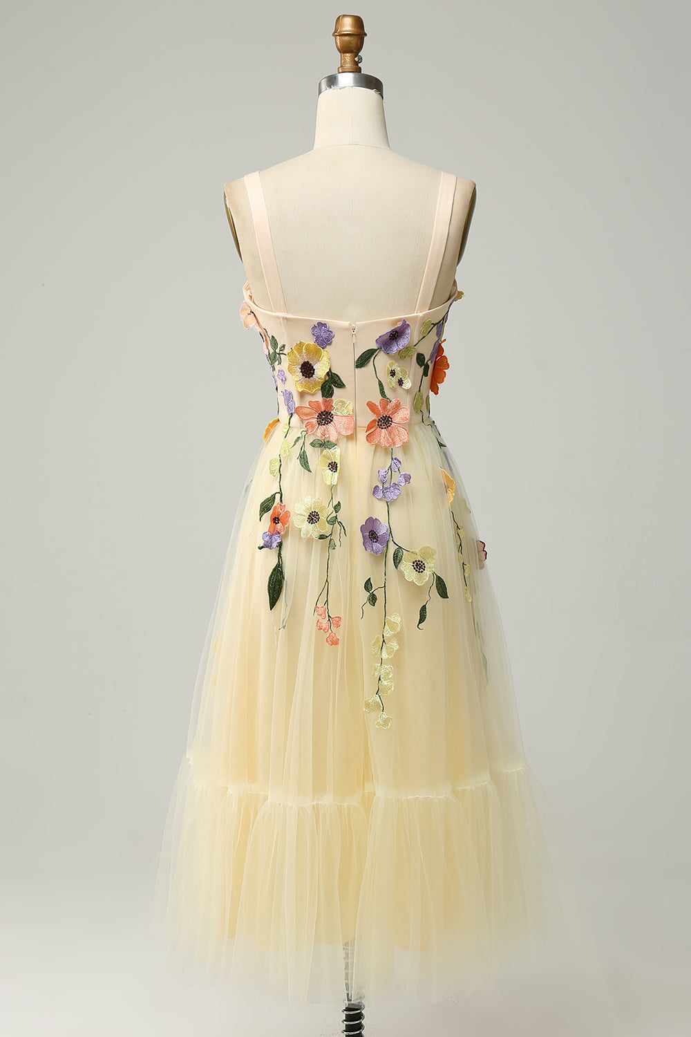 A Line Spaghetti Straps Champagne Tea Length Formal Dress with Appliques
