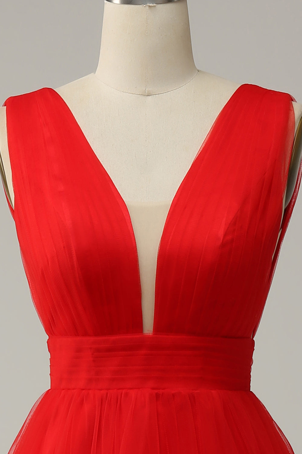 Red A Line Deep V Neck Midi Formal Dress with Open Back