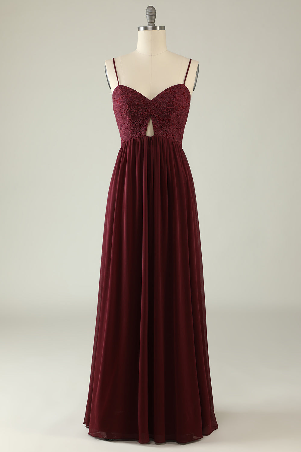 Burgundy Spaghetti Straps Lace Bridesmaid Dress with Hollow-out