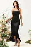 Sheath Spaghetti Straps Black Tea Length Formal Dress with Bowknot