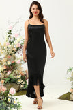 Sheath Spaghetti Straps Black Tea Length Formal Dress with Bowknot