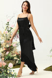 Sheath Spaghetti Straps Black Tea Length Formal Dress with Bowknot