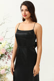 Sheath Spaghetti Straps Black Tea Length Formal Dress with Bowknot
