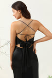 Sheath Spaghetti Straps Black Tea Length Formal Dress with Bowknot