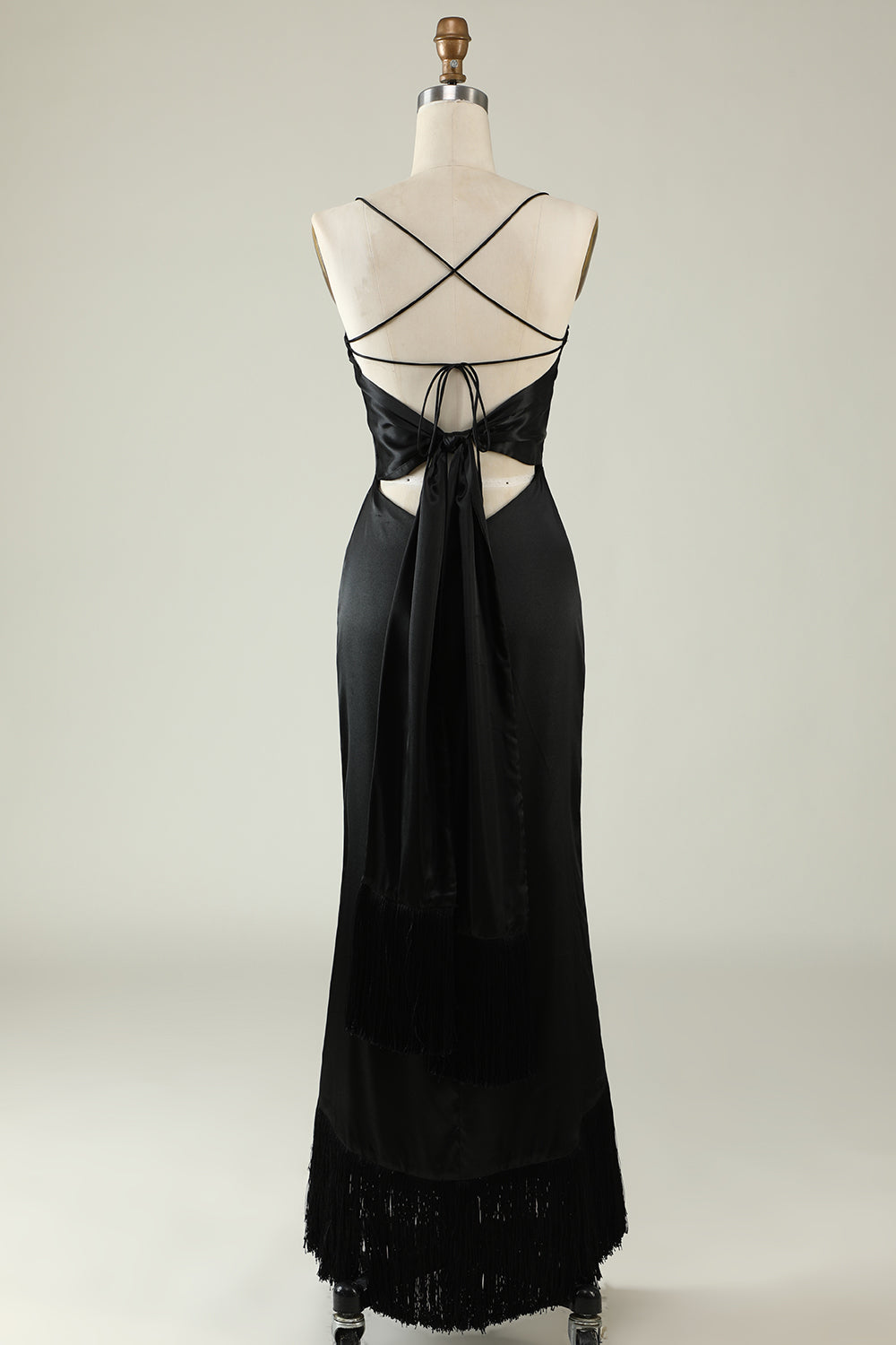 Spaghetti Straps Black Satin Formal Dress with Fringes