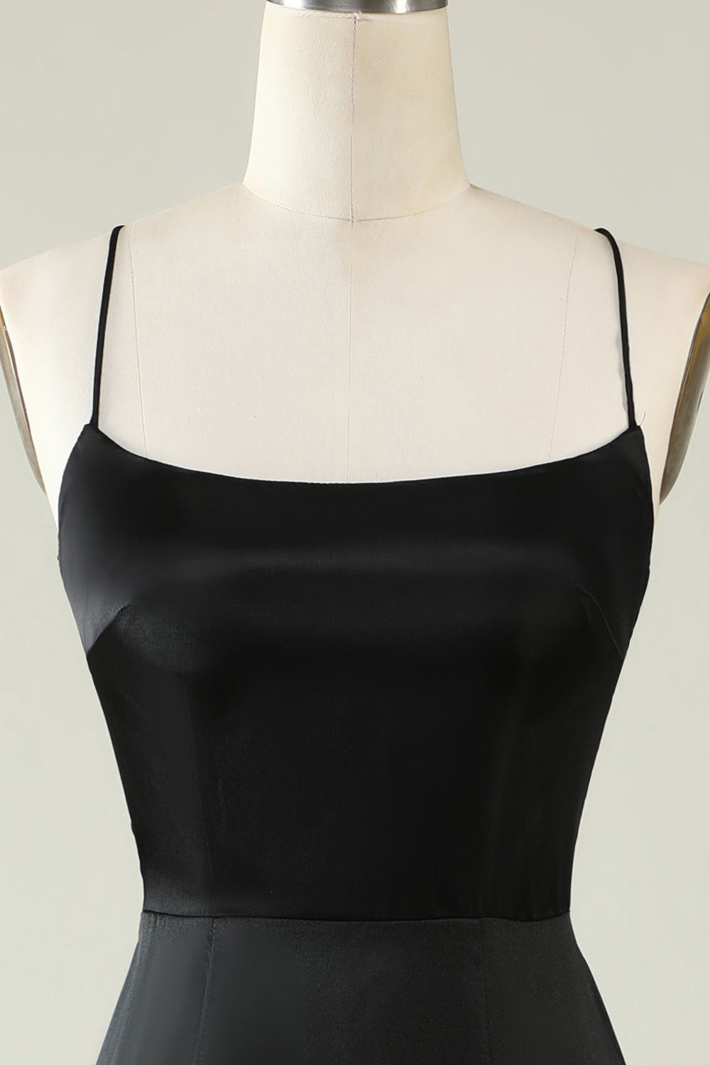 Spaghetti Straps Black Satin Formal Dress with Fringes