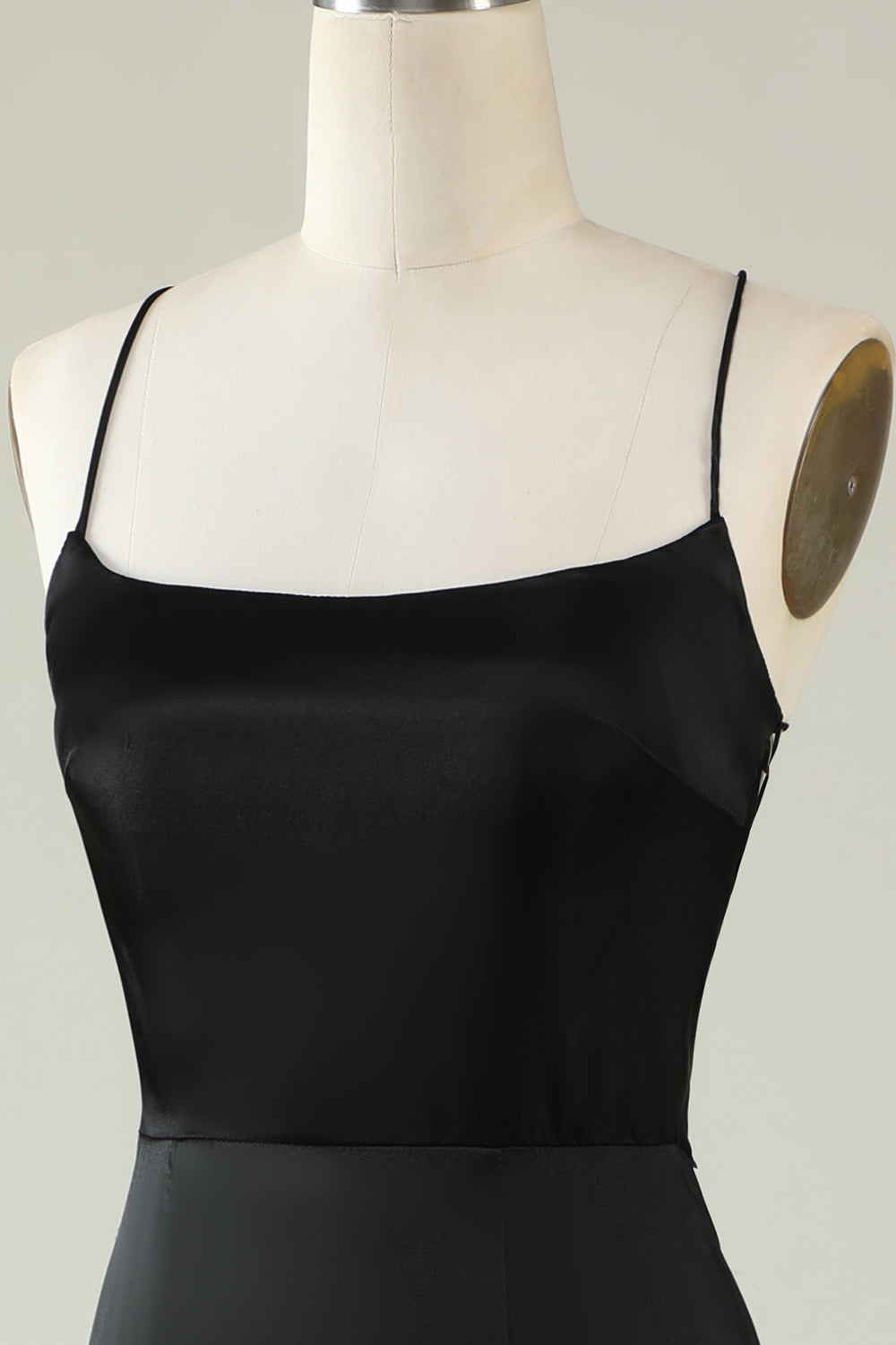 Spaghetti Straps Black Satin Formal Dress with Fringes