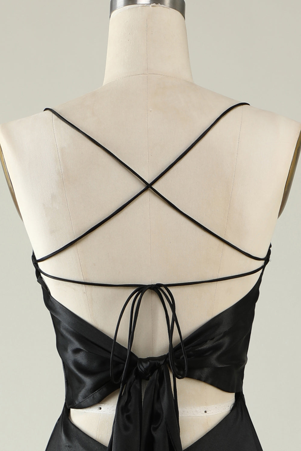 Spaghetti Straps Black Satin Formal Dress with Fringes
