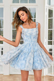 Cute A Line Blue Printed Short Formal Dress